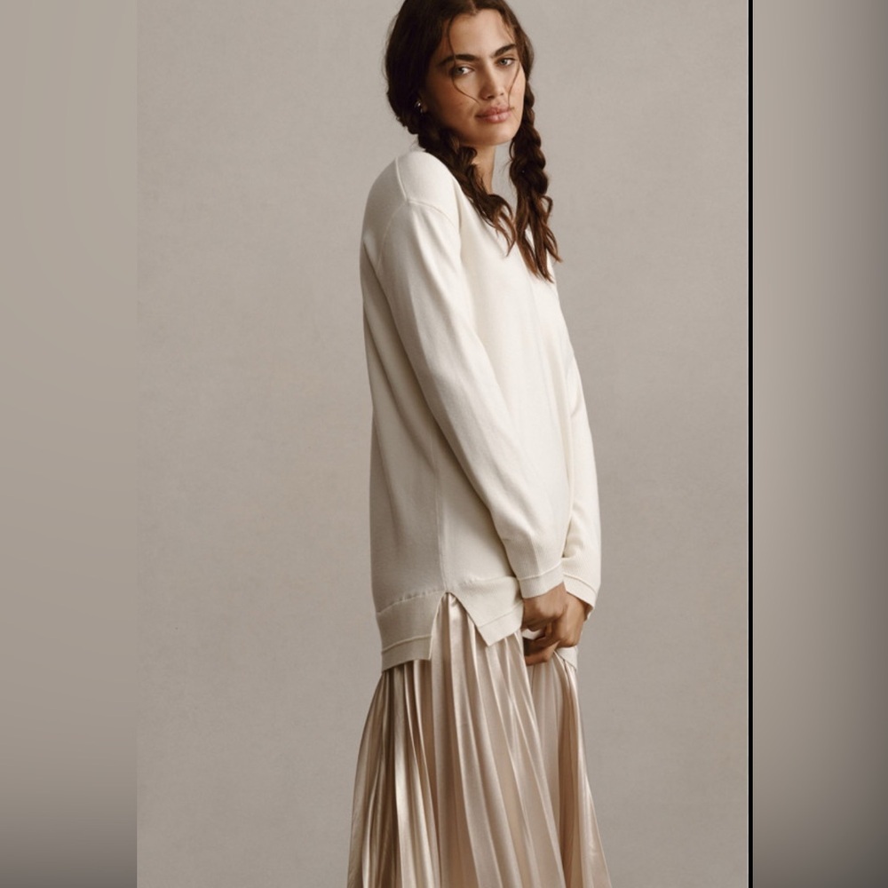 Anthropologie Ivory Long-Sleeve Pleated Twofer Sweater Maxi Dress size L Preppy - Picture 3 of 15